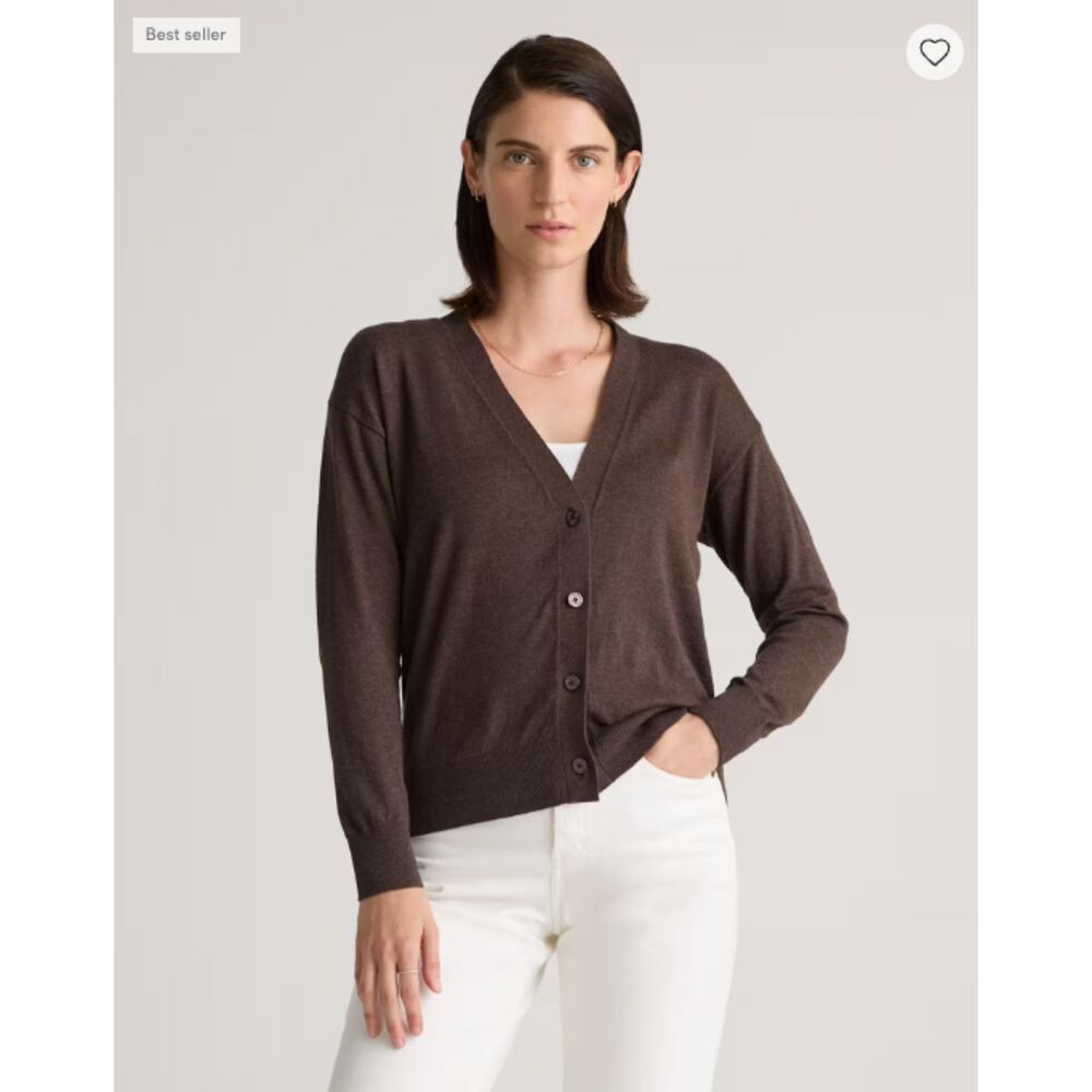 Quince Lightweight Cotton Cashmere Cardigan Sweater Women's L Mocha Heather NWT